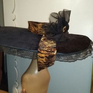 Black HAT Velvet Leopard And Lace with Gold Broach